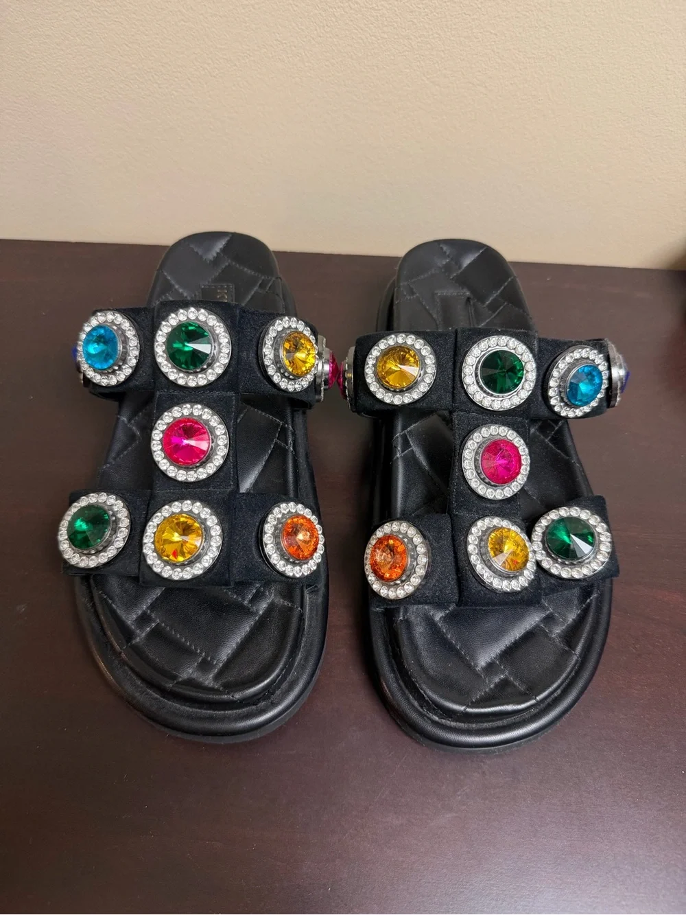 Kurt Geiger London Orson Black Jewel Slide Sandals with Multicolor Gems